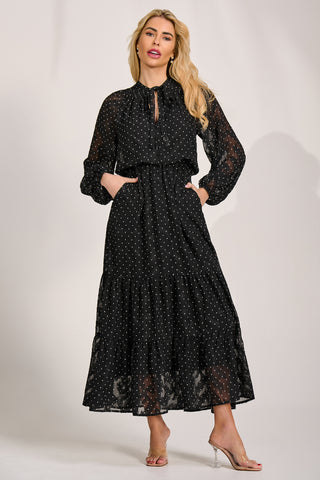 Textured Chiffon Long Sleeve Maxi Dress, Black Spot