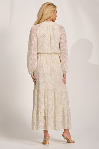 Textured Chiffon Long Sleeve Maxi Dress, Cream Spot