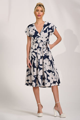 V Neck Print Scuba Midi Dress, Navy Floral