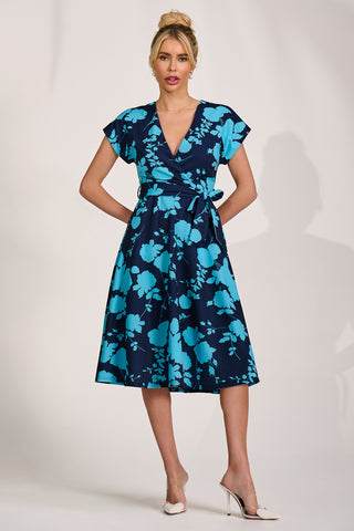 V Neck Print Scuba Midi Dress, Blue Floral