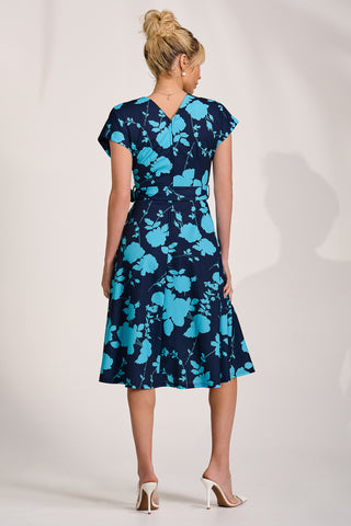 V Neck Print Scuba Midi Dress, Blue Floral