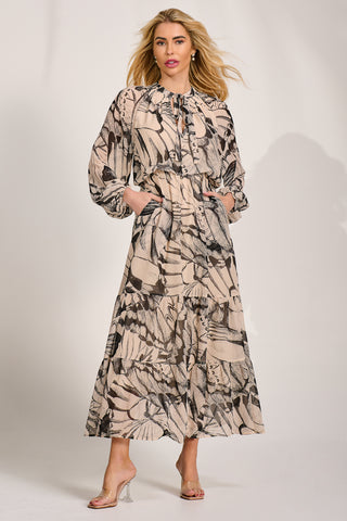 Chiffon Long Sleeve Tiered Maxi Dress, Beige Pattern