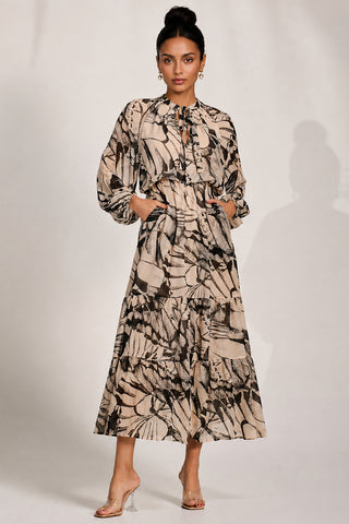 Chiffon Long Sleeve Tiered Maxi Dress, Beige Pattern