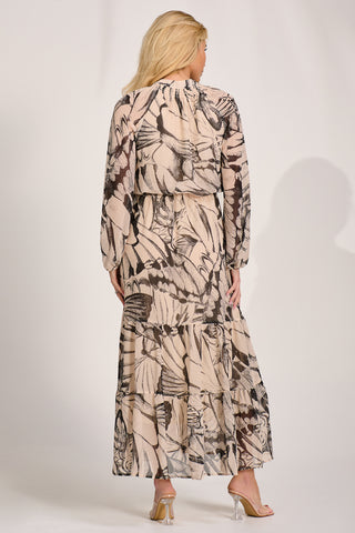 Chiffon Long Sleeve Tiered Maxi Dress, Beige Pattern