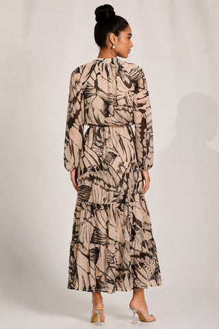 Chiffon Long Sleeve Tiered Maxi Dress, Beige Pattern