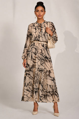 Chiffon Long Sleeve Tiered Maxi Dress, Beige Pattern
