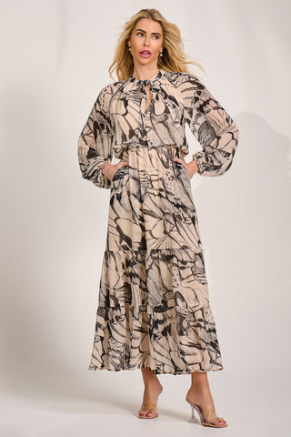 Chiffon Long Sleeve Tiered Maxi Dress, Beige Pattern