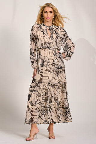 Chiffon Long Sleeve Tiered Maxi Dress, Beige Pattern