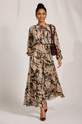 Chiffon Long Sleeve Tiered Maxi Dress, Beige Pattern