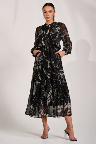 Chiffon Long Sleeve Tiered Maxi Dress, Black Pattern