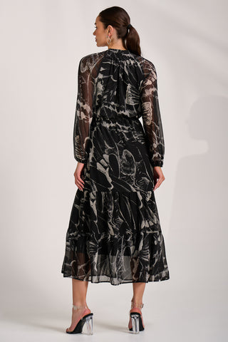 Chiffon Long Sleeve Tiered Maxi Dress, Black Pattern