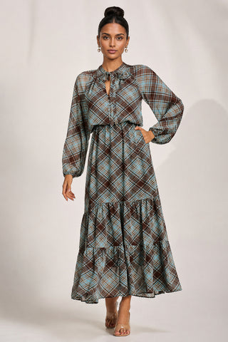 Chiffon Long Sleeve Tiered Maxi Dress, Brown Check