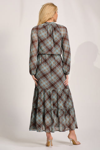 Chiffon Long Sleeve Tiered Maxi Dress, Brown Check