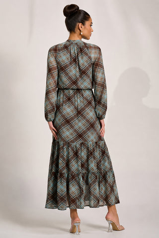 Chiffon Long Sleeve Tiered Maxi Dress, Brown Check