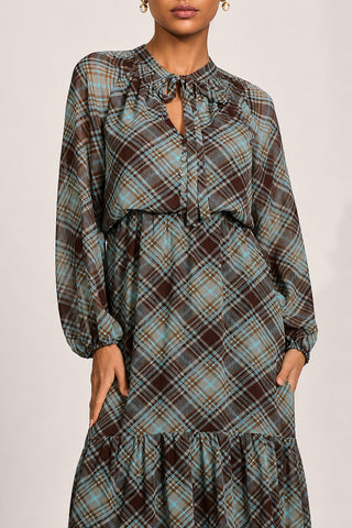Chiffon Long Sleeve Tiered Maxi Dress, Brown Check
