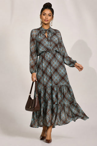 Chiffon Long Sleeve Tiered Maxi Dress, Brown Check