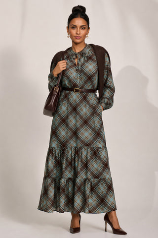 Chiffon Long Sleeve Tiered Maxi Dress, Brown Check