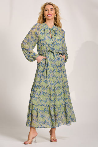 Chiffon Long Sleeve Tiered Maxi Dress, Green Multi