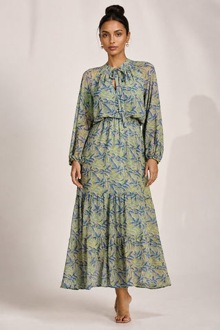 Chiffon Long Sleeve Tiered Maxi Dress, Green Multi
