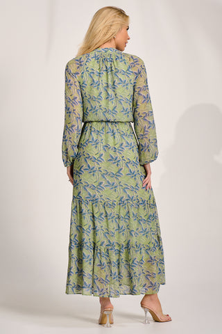 Chiffon Long Sleeve Tiered Maxi Dress, Green Multi