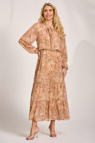 Chiffon Long Sleeve Tiered Maxi Dress, Orange Multi