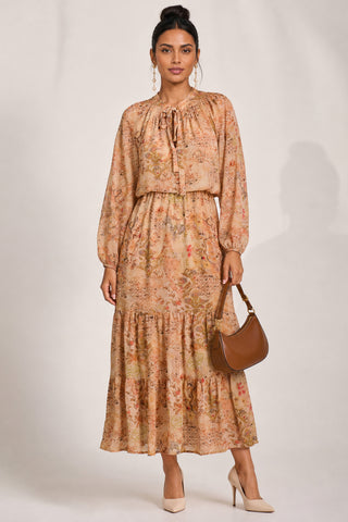 Chiffon Long Sleeve Tiered Maxi Dress, Orange Multi
