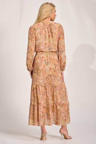 Chiffon Long Sleeve Tiered Maxi Dress, Orange Multi
