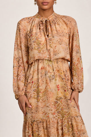 Chiffon Long Sleeve Tiered Maxi Dress, Orange Multi