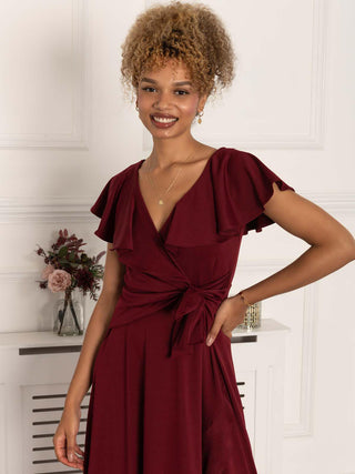 Priya Frill Dipped Hem Dress, Burgundy