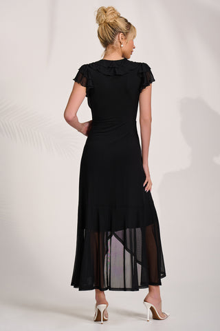 Ruffled Mesh Maxi Dress, Black