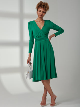 Plain Long Sleeve Jersey Midi Dress, Green