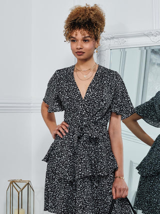 Priscila Tie Waist Woven Mini Dress, Black Ditsy