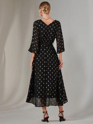 Plain Gold Spot Chiffon Dress, Black/Gold