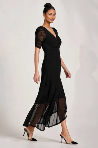 Ruched Sleeve Mesh Maxi Dress, Black