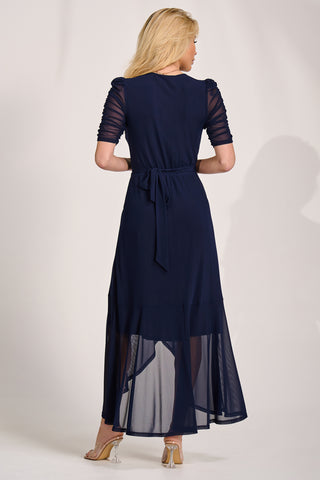Ruched Sleeve Mesh Maxi Dress, Navy