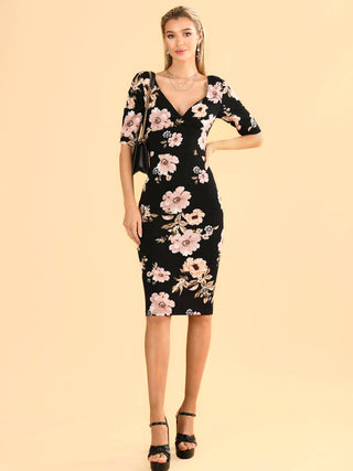 Pranavi Print Scuba Bodycon Dress, Black Floral