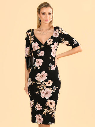 Pranavi Print Scuba Bodycon Dress, Black Floral