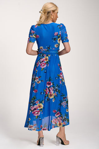 Petite Mesh Print Dip Hem Maxi Dress, Royal Blue Floral