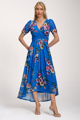Petite Mesh Print Dip Hem Maxi Dress, Royal Blue Floral