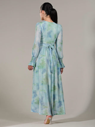 Petite Long Sleeve Mesh Maxi Dress, Green Multi