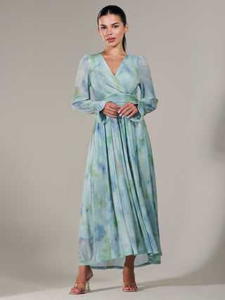 Petite Long Sleeve Mesh Maxi Dress, Green Multi