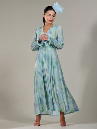 Petite Long Sleeve Mesh Maxi Dress, Green Multi
