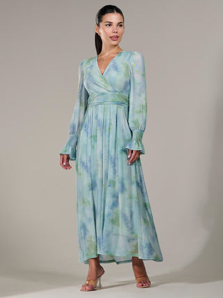 Petite Long Sleeve Mesh Maxi Dress, Green Multi