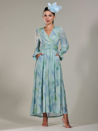 Petite Long Sleeve Mesh Maxi Dress, Green Multi