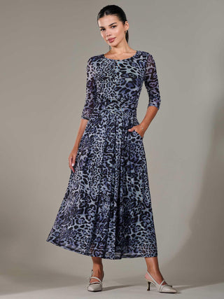 Petite Pleated Half Sleeve Midi Dress, Grey Leopard