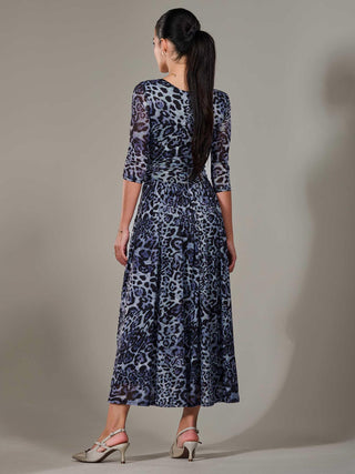Petite Pleated Half Sleeve Midi Dress, Grey Leopard