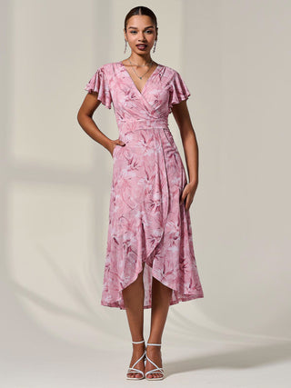 Petite Mesh Short Sleeve Wrap Midaxi Dress, Pink Floral