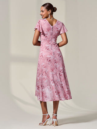 Petite Mesh Short Sleeve Wrap Midaxi Dress, Pink Floral
