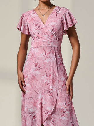 Petite Mesh Short Sleeve Wrap Midaxi Dress, Pink Floral