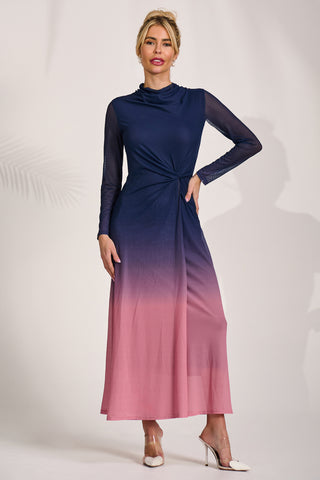 Petite Long Sleeve Mesh Maxi Dress, Pink Multi